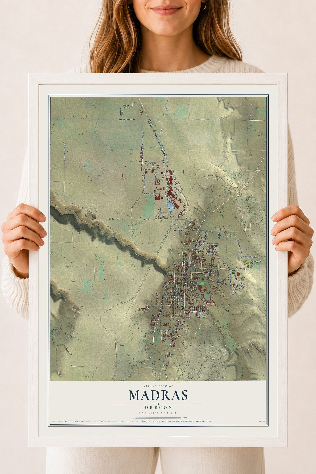 Map of Madras, Oregon, 18 x 24 inch print in a white wood frame
