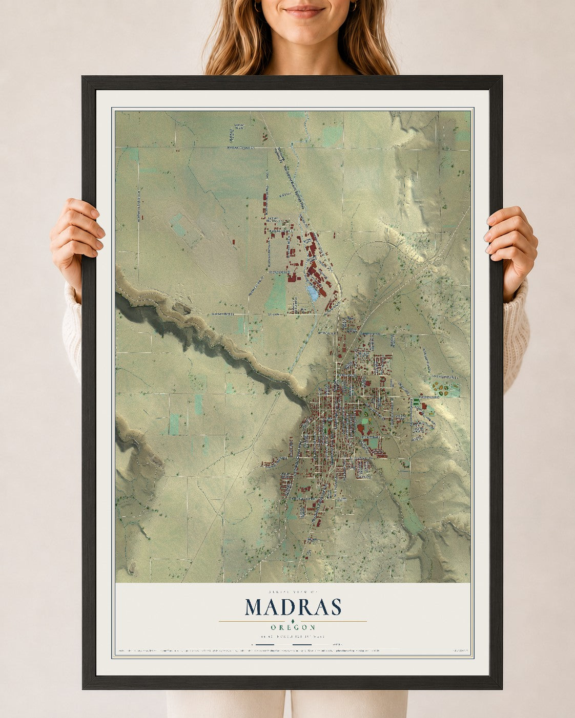 Map of Madras, Oregon, 24 x 36 inch print in a black wood frame