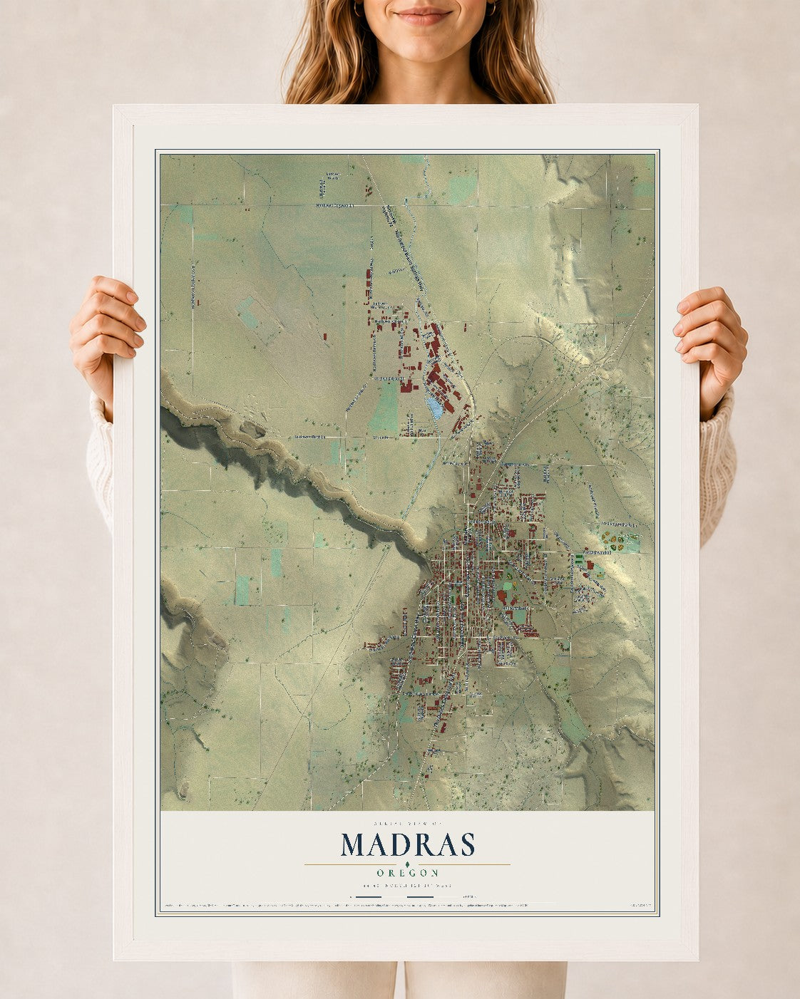 Map of Madras, Oregon, 24 x 36 inch print in a white wood frame