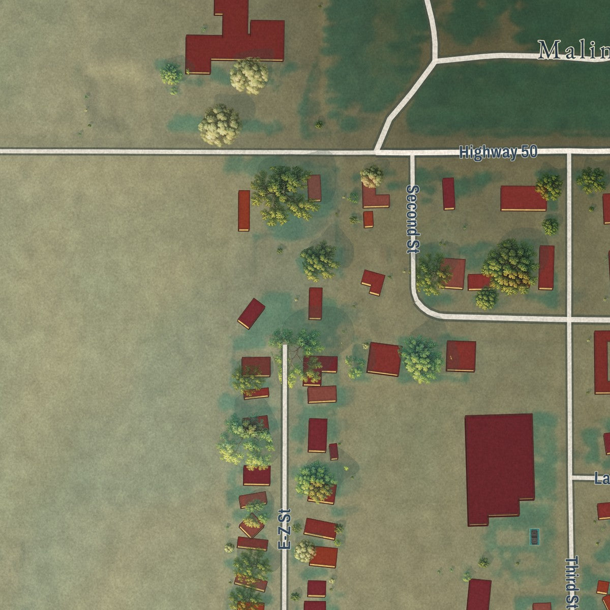 Second close-up of the map of Malin, Oregon print showing more streets and buildings