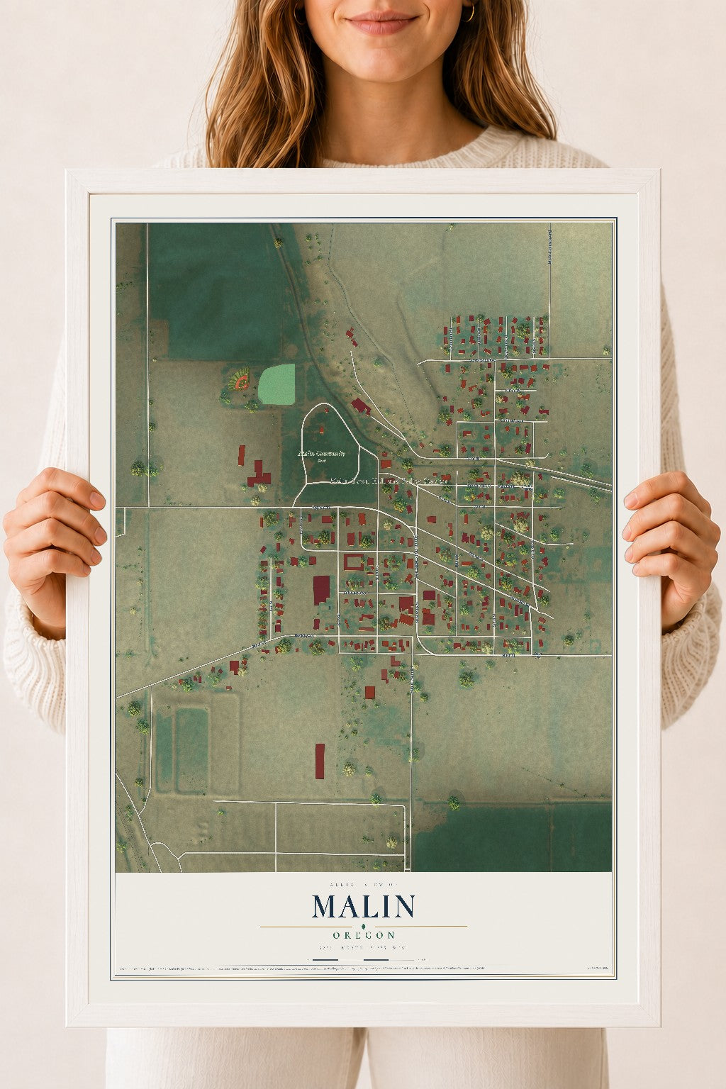 Map of Malin, Oregon, 18 x 24 inch print in a white wood frame