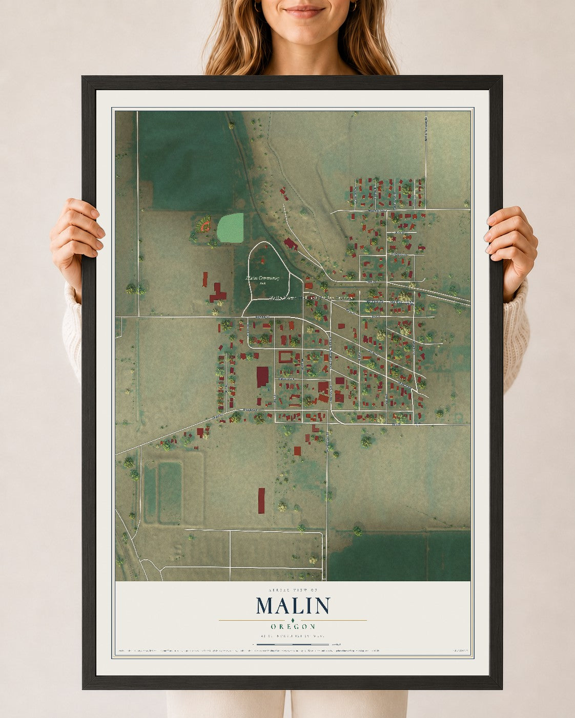 Map of Malin, Oregon, 24 x 36 inch print in a black wood frame