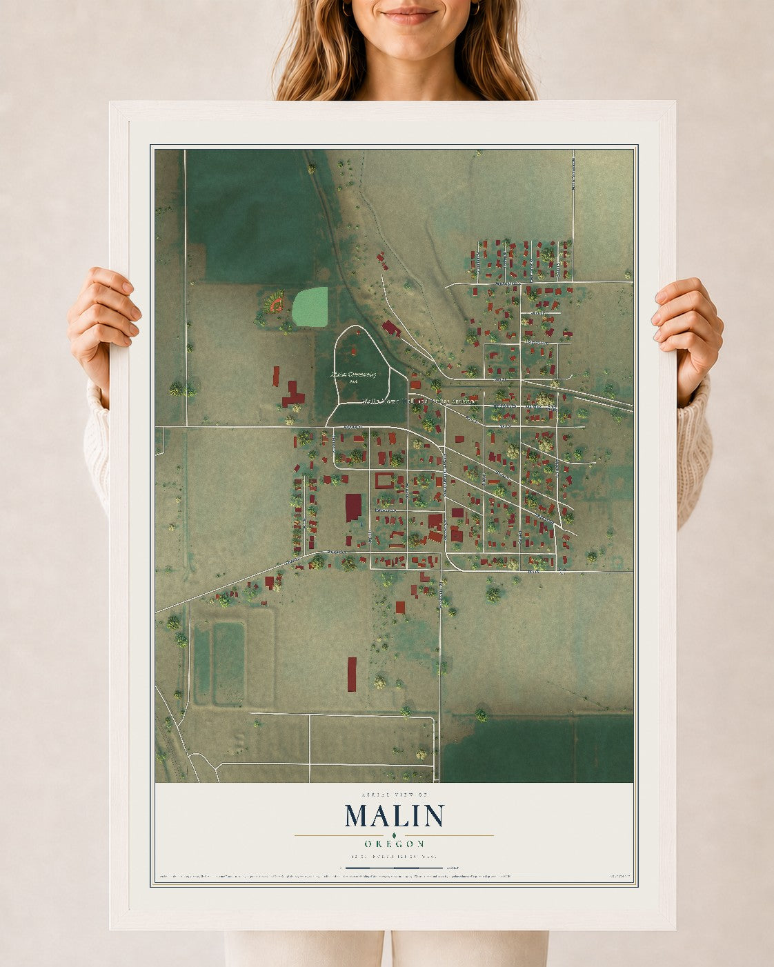 Map of Malin, Oregon, 24 x 36 inch print in a white wood frame