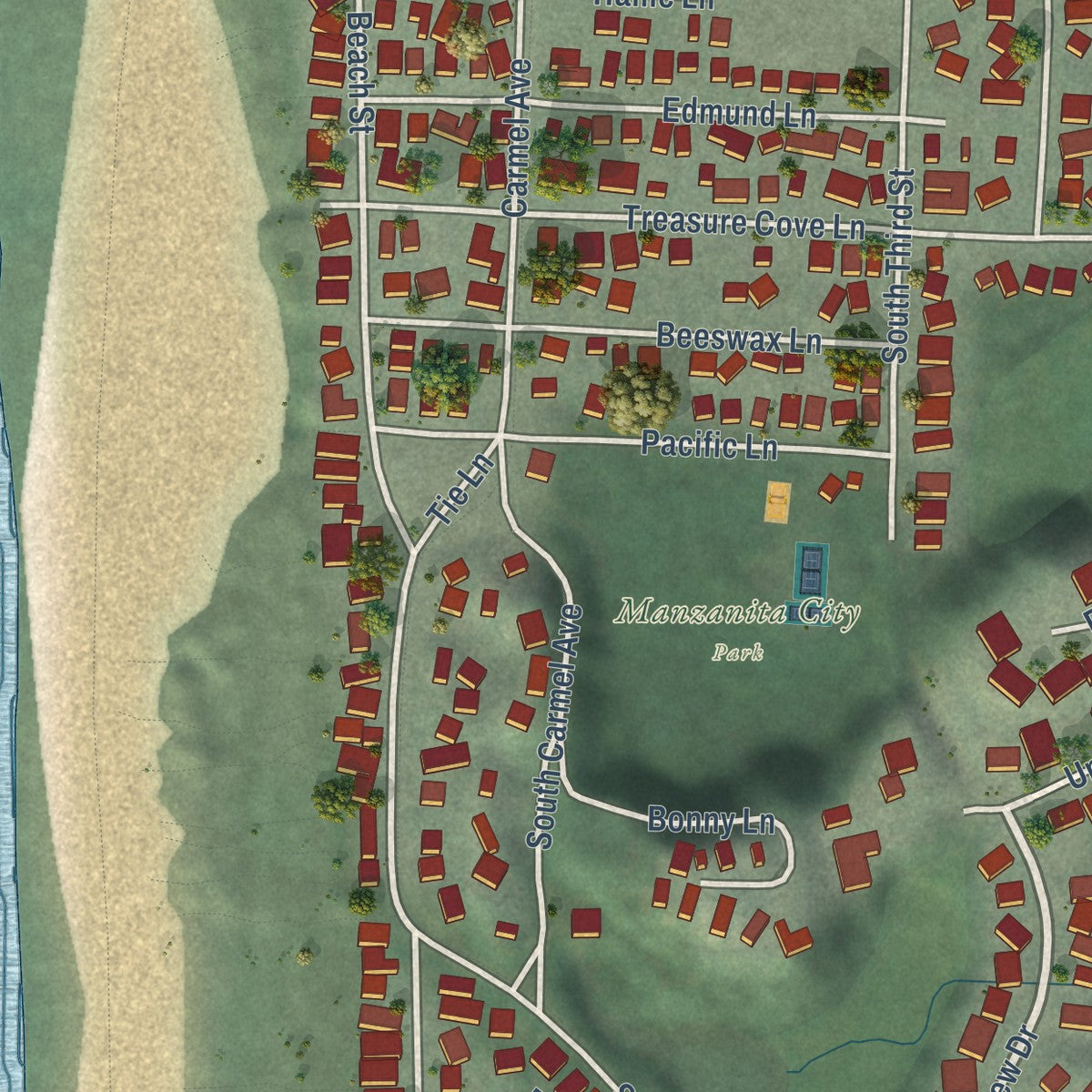 Second close-up of the map of Manzanita, Oregon print showing more streets and buildings