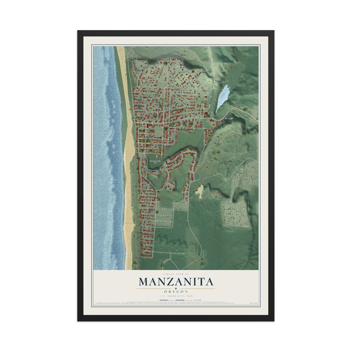 Map of Manzanita, Oregon, 12 x 18 inch print in a black wood frame