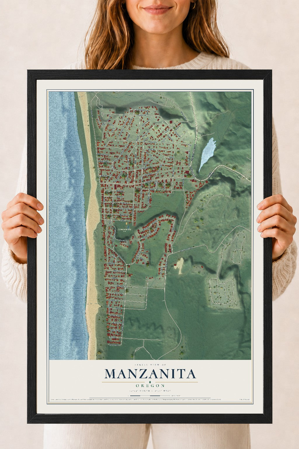 Map of Manzanita, Oregon, 18 x 24 inch print in a black wood frame
