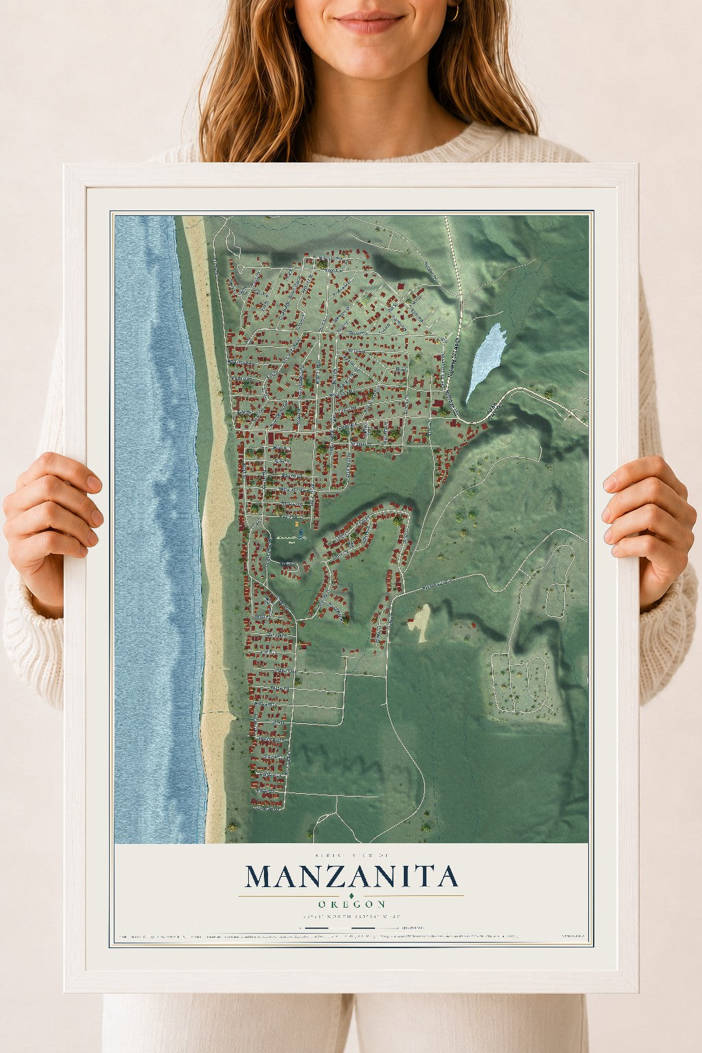 Map of Manzanita, Oregon, 18 x 24 inch print in a white wood frame