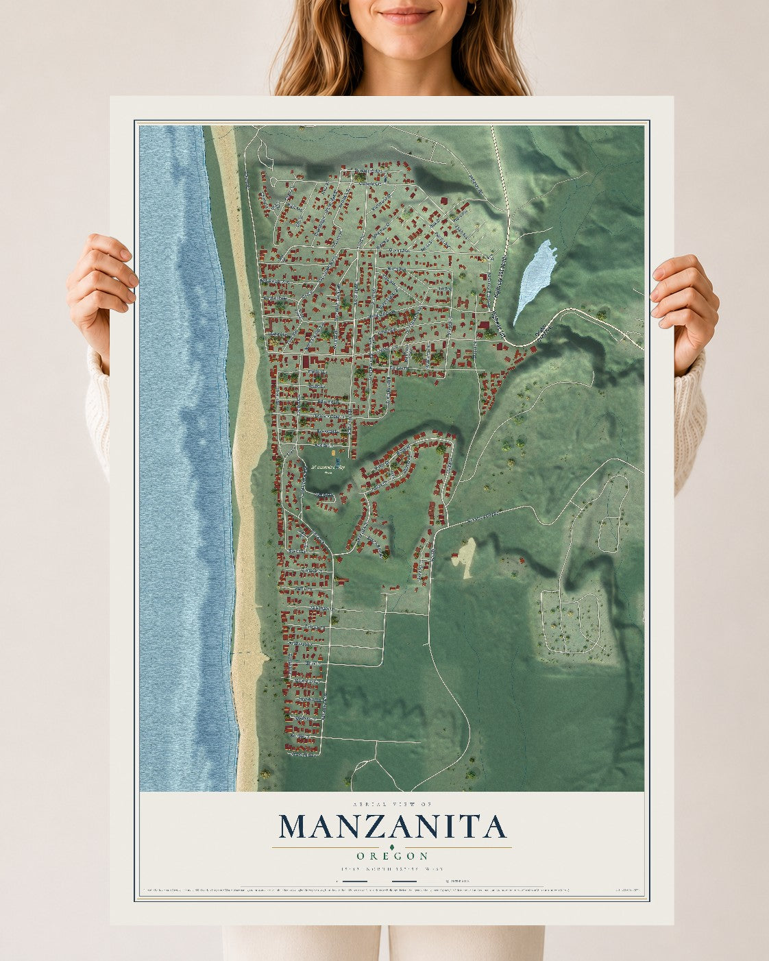 Map of Manzanita, Oregon, 24 x 36 inch unframed archival matte print