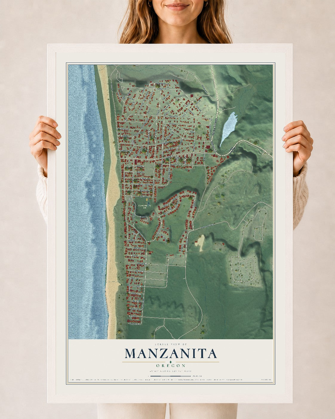 Map of Manzanita, Oregon, 24 x 36 inch print in a white wood frame