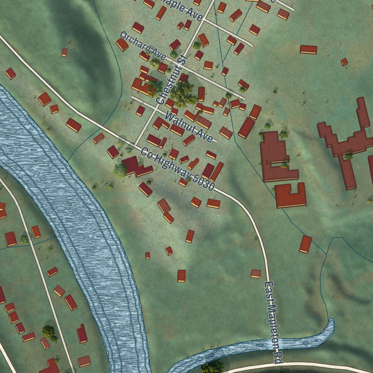 Close-up of the map of Mapleton, Oregon print showing street and building detail