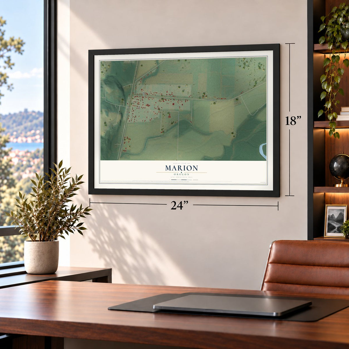 Marion, Oregon map, 18 x 24 inch print in a black frame in a home office