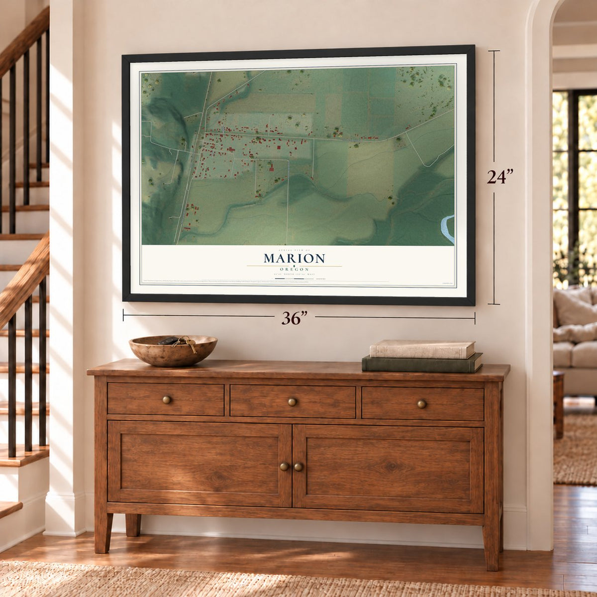 Marion, Oregon map, 24 x 36 inch print in a black frame above a dresser by a staircase