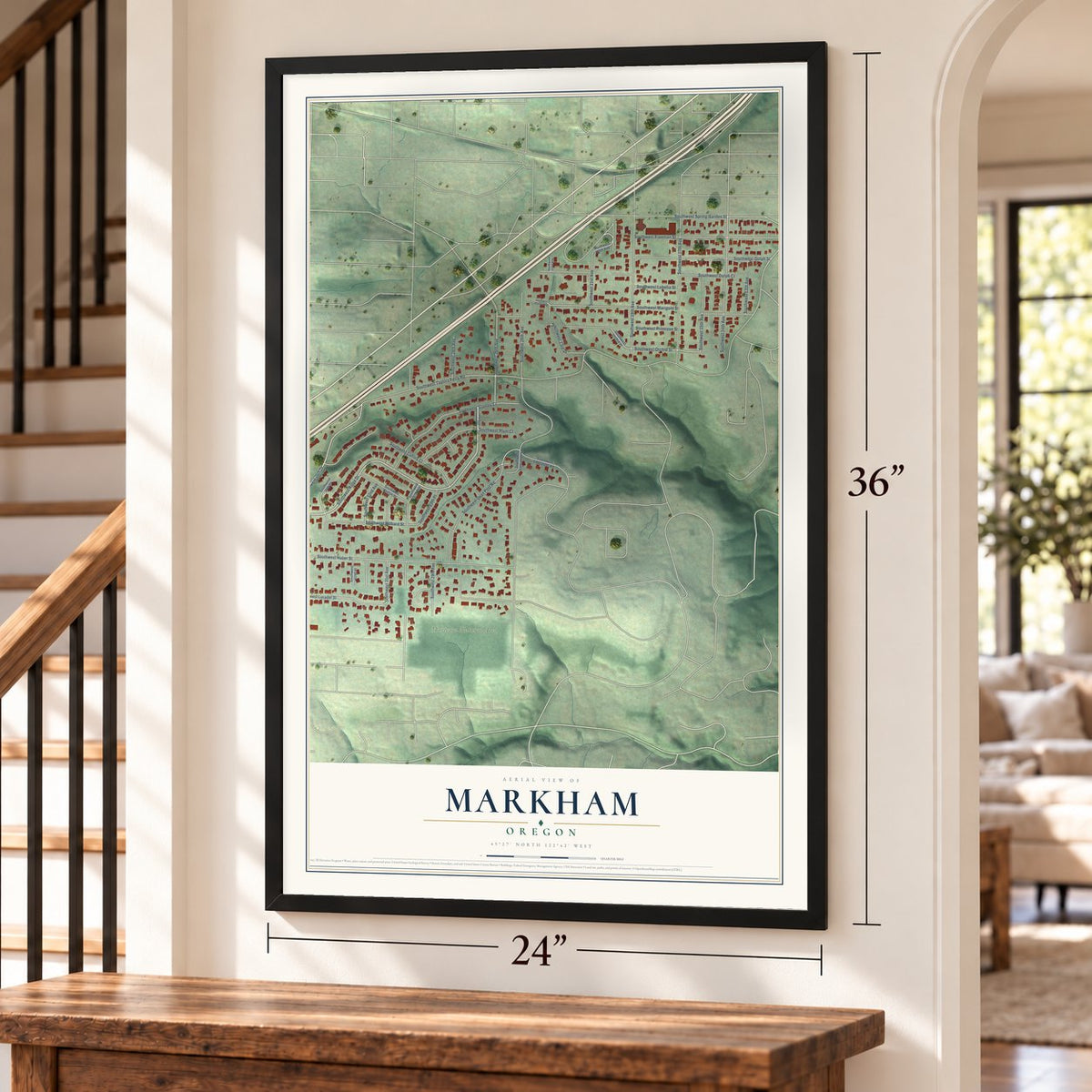 Markham, Oregon map, 24 x 36 inch print in a black frame by a staircase