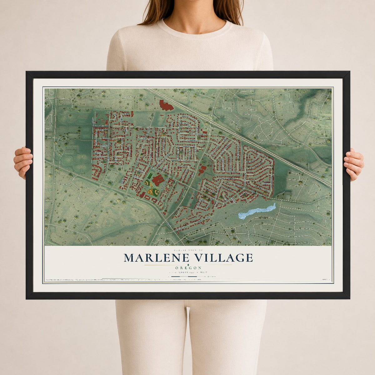 Map of Marlene Village, Oregon, 24 x 36 inch print in a black wood frame