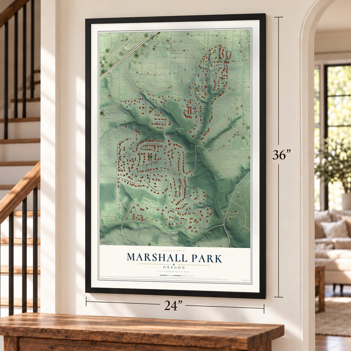 Marshall Park, Oregon map, 24 x 36 inch print in a black frame by a staircase