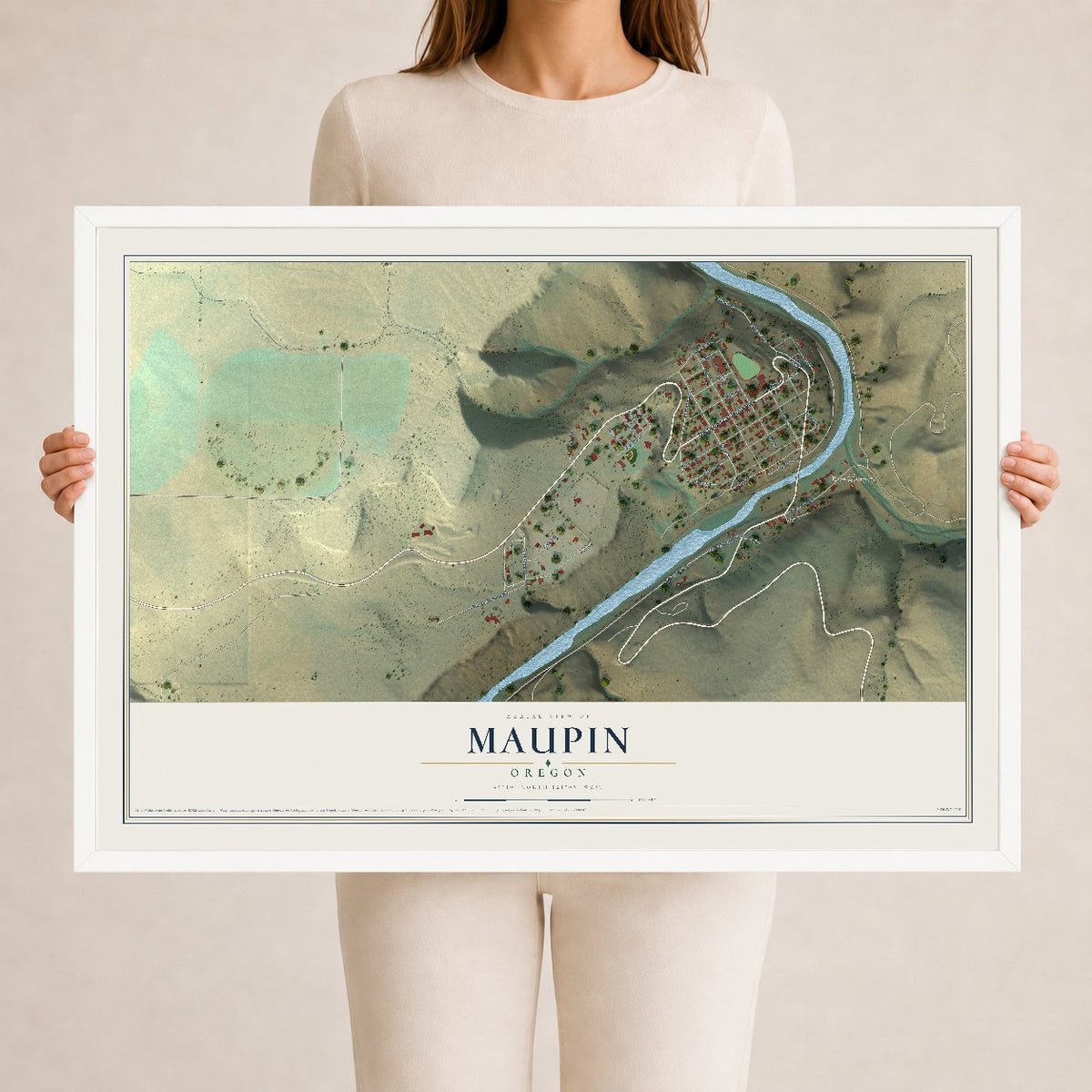 Map of Maupin, Oregon, 24 x 36 inch print in a white wood frame
