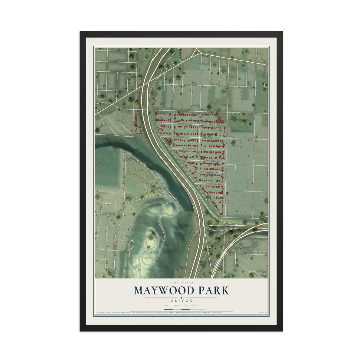 Map of Maywood Park, Oregon, 12 x 18 inch print in a black wood frame