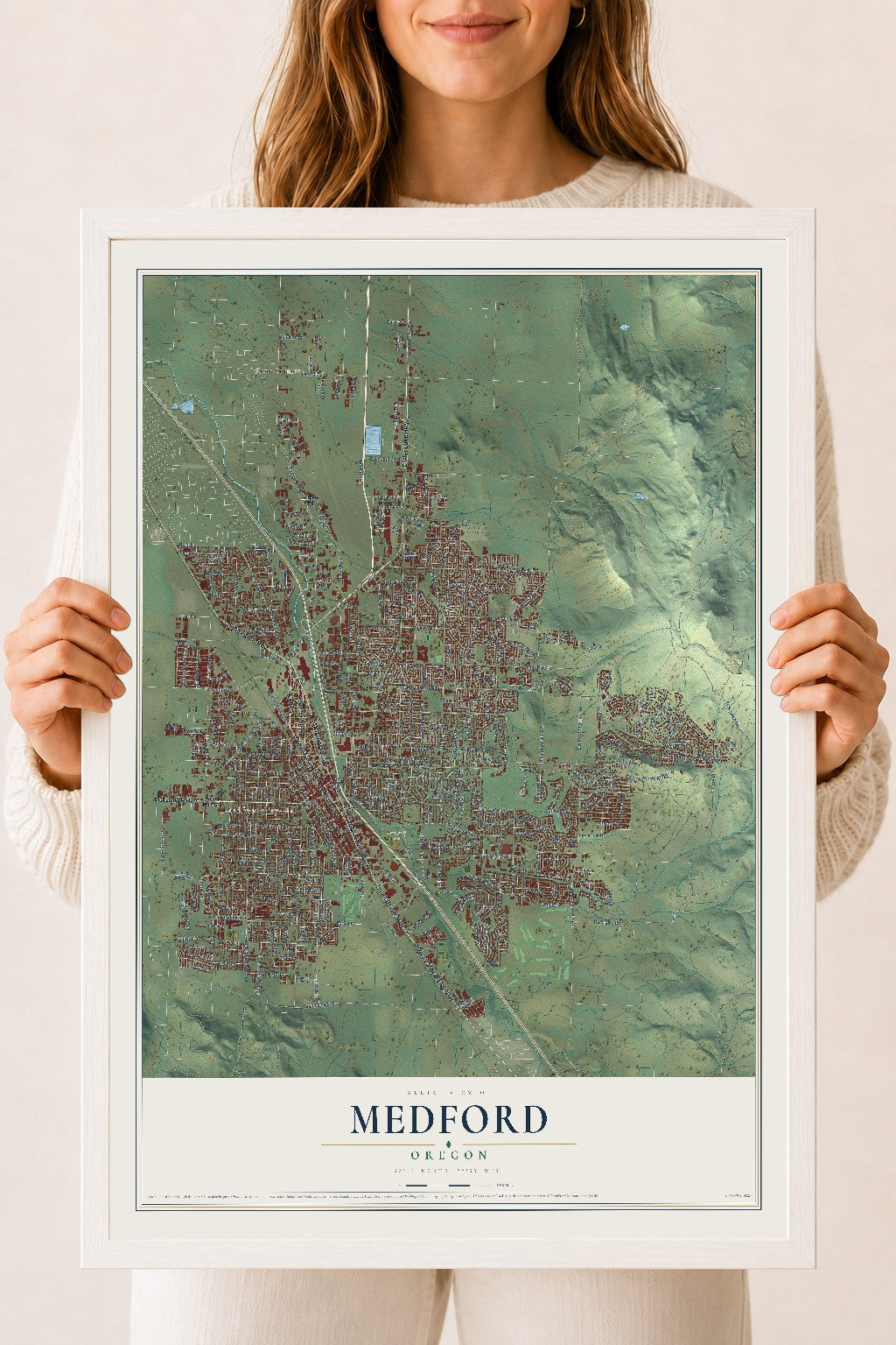 Map of Medford, Oregon, 18 x 24 inch print in a white wood frame