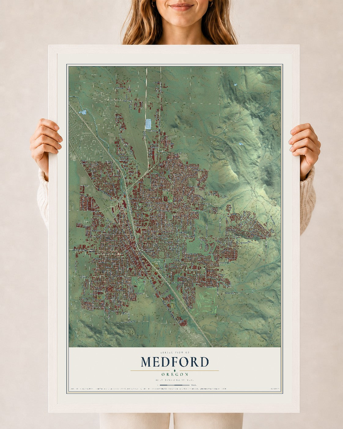 Map of Medford, Oregon, 24 x 36 inch print in a white wood frame