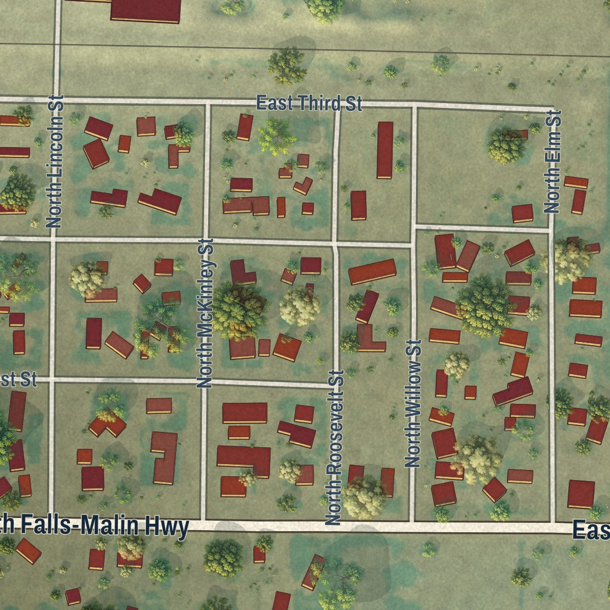 Close-up of the map of Merrill, Oregon print showing street and building detail