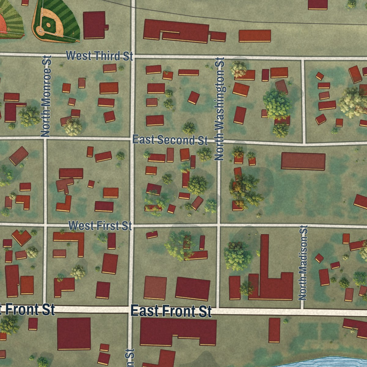 Second close-up of the map of Merrill, Oregon print showing more streets and buildings
