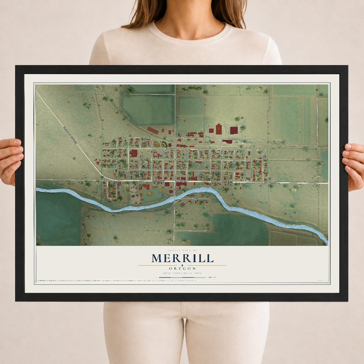Map of Merrill, Oregon, 18 x 24 inch print in a black wood frame