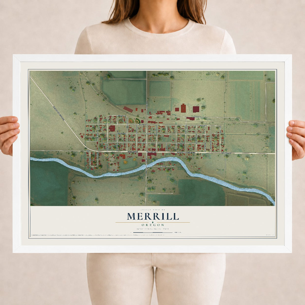 Map of Merrill, Oregon, 18 x 24 inch print in a white wood frame