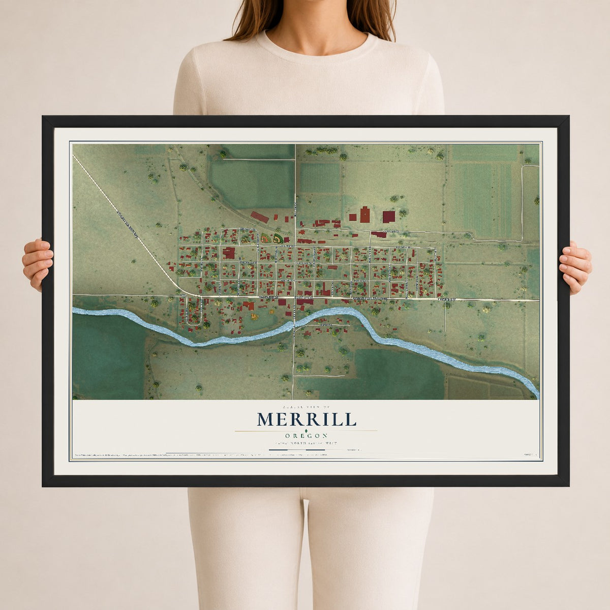Map of Merrill, Oregon, 24 x 36 inch print in a black wood frame