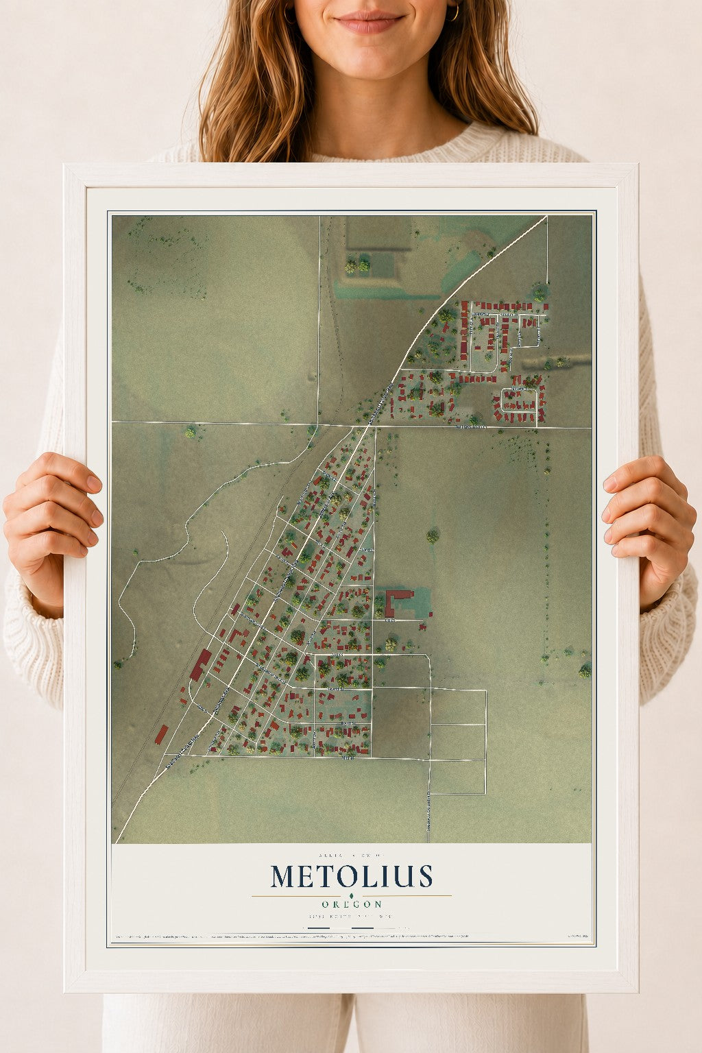 Map of Metolius, Oregon, 18 x 24 inch print in a white wood frame
