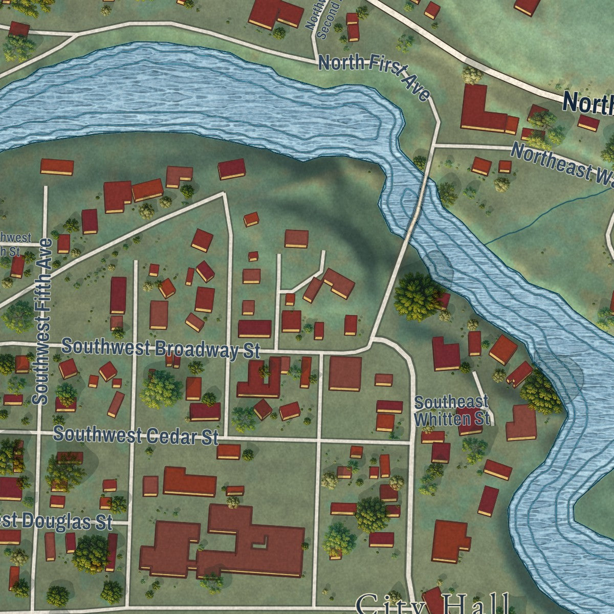 Close-up of the map of Mill City, Oregon print showing street and building detail