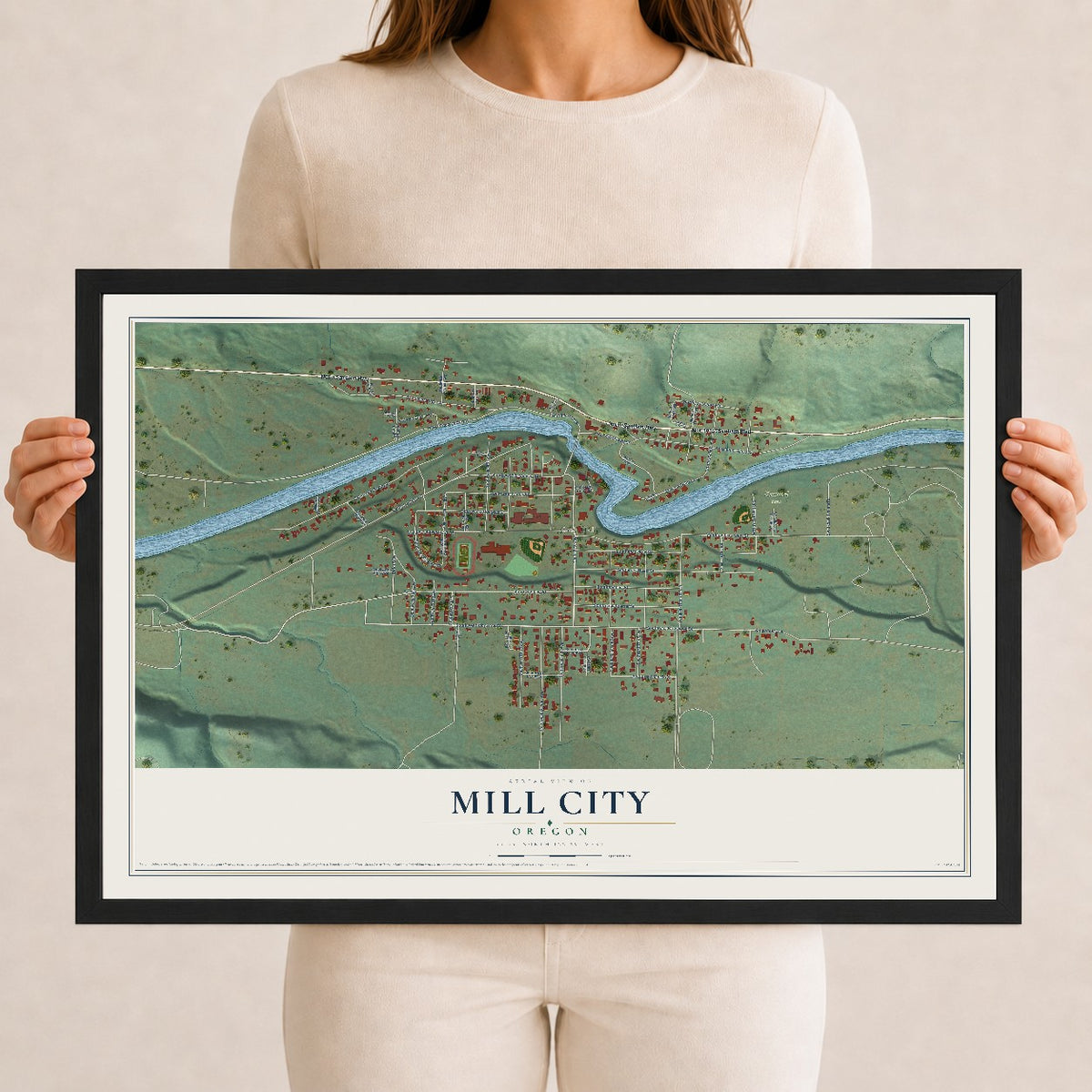 Map of Mill City, Oregon, 12 x 18 inch print in a black wood frame