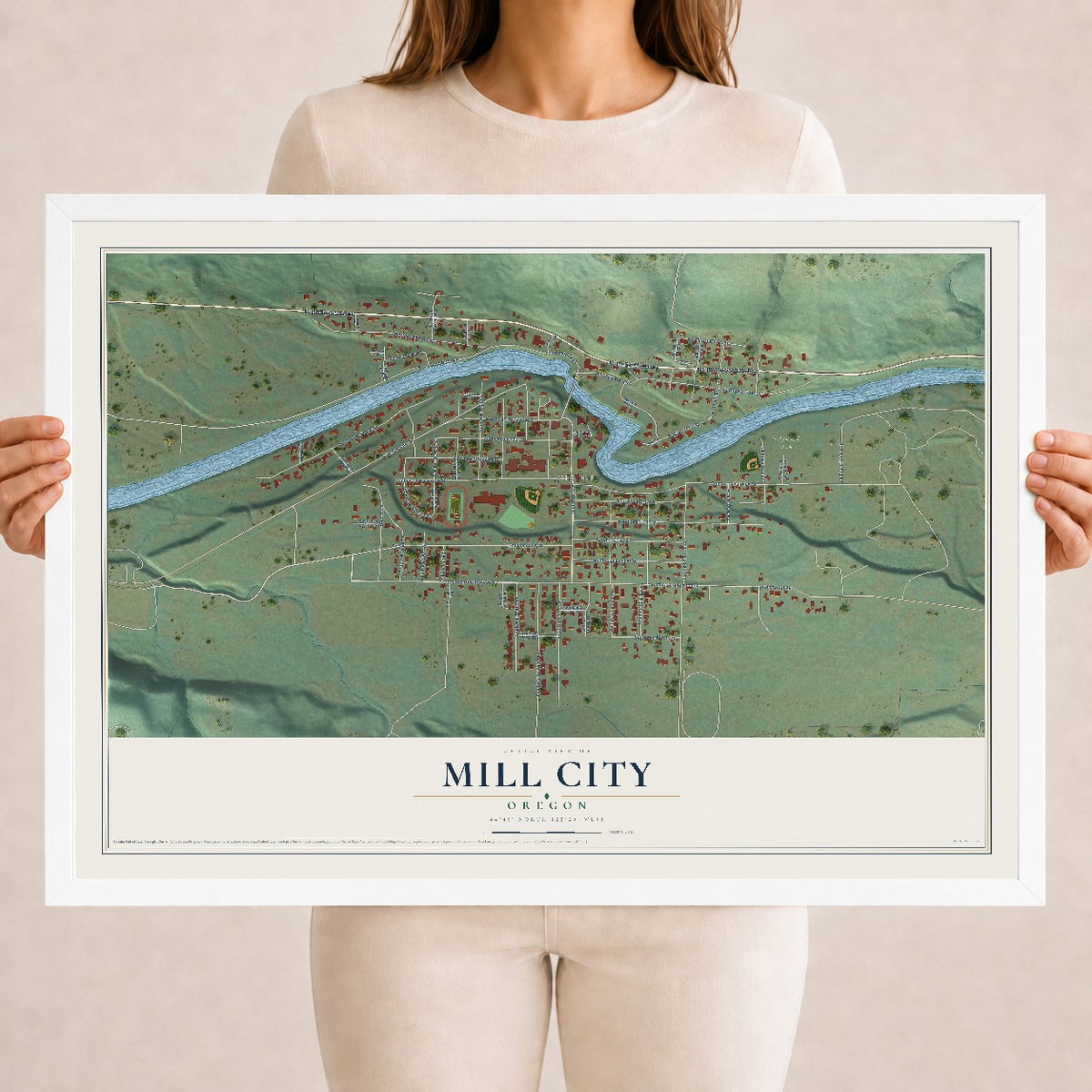 Map of Mill City, Oregon, 18 x 24 inch print in a white wood frame