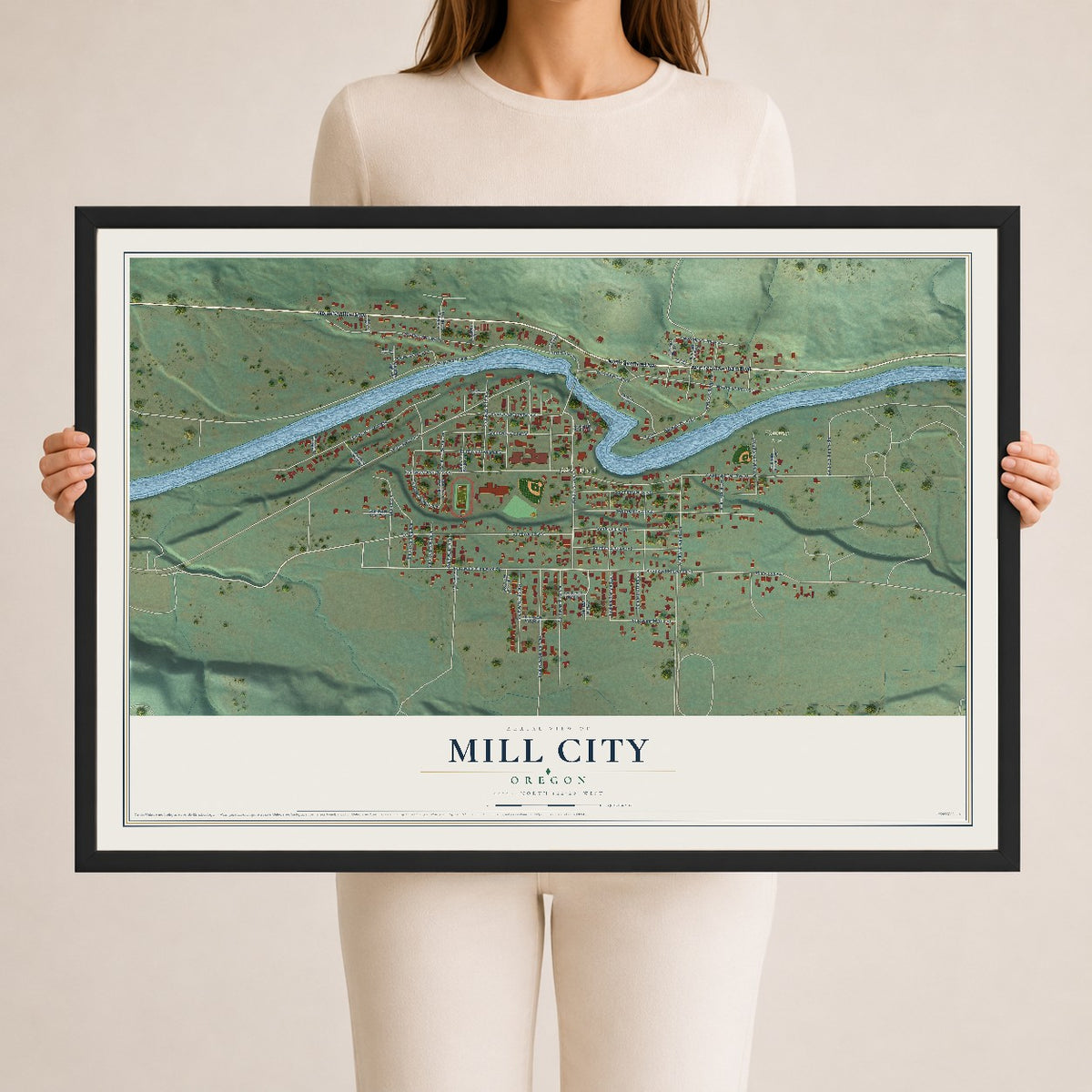 Map of Mill City, Oregon, 24 x 36 inch print in a black wood frame