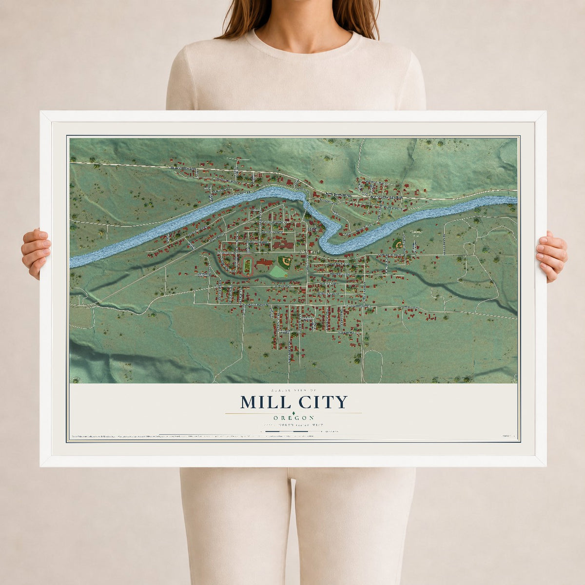 Map of Mill City, Oregon, 24 x 36 inch print in a white wood frame
