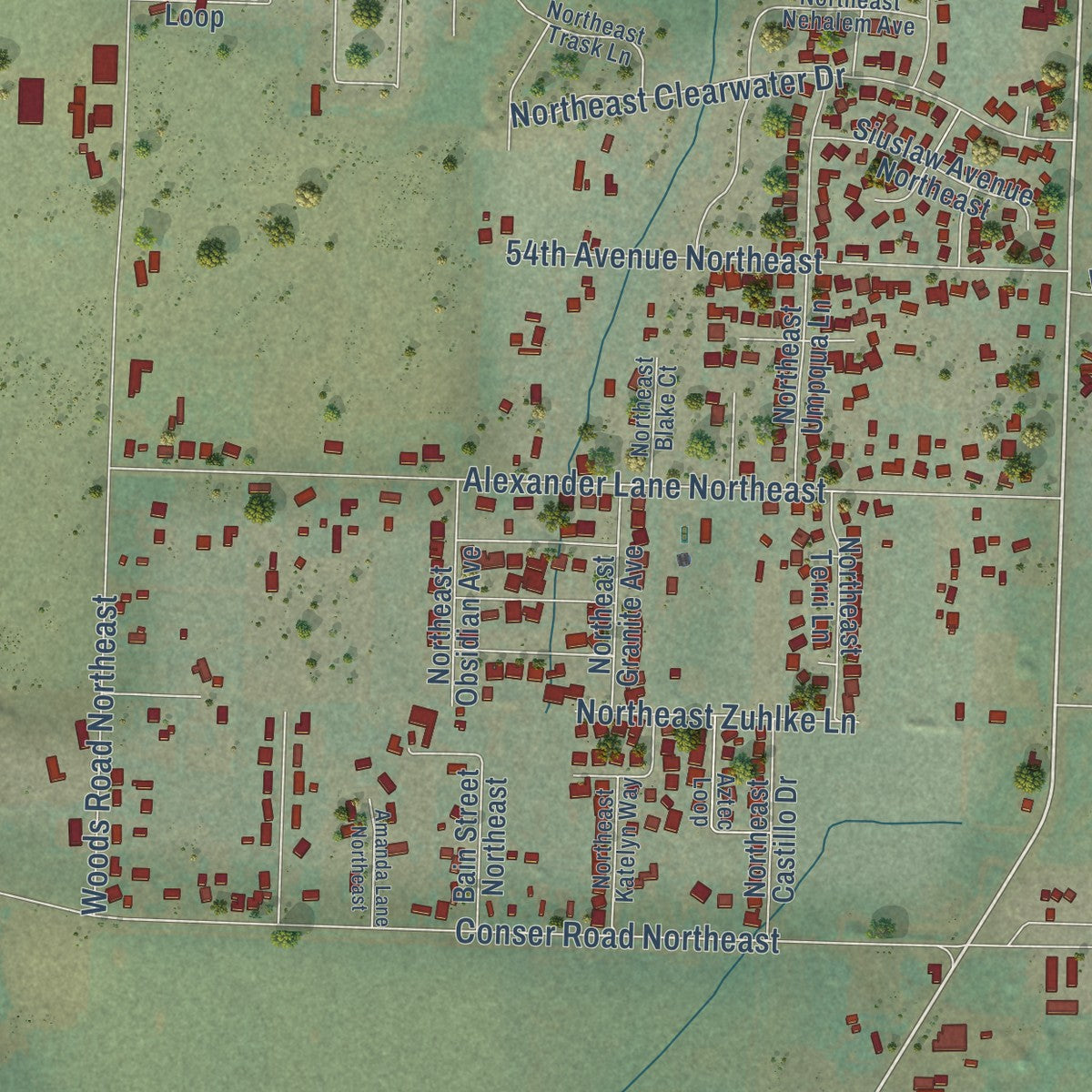 Close-up of the map of Millersburg, Oregon print showing street and building detail
