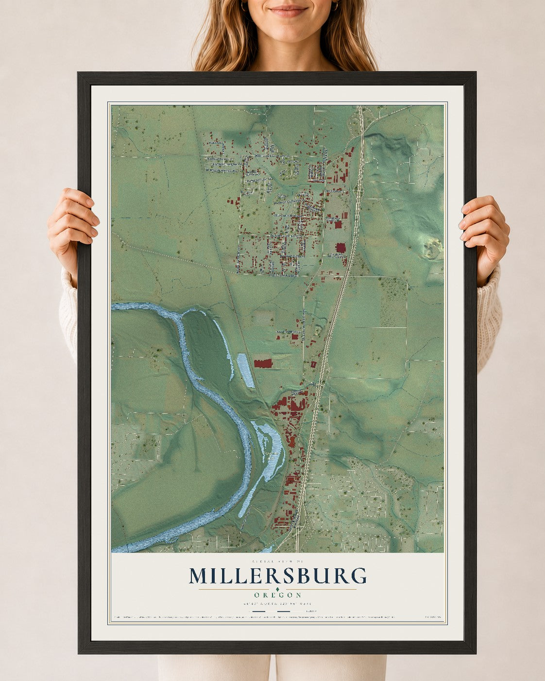 Map of Millersburg, Oregon, 24 x 36 inch print in a black wood frame