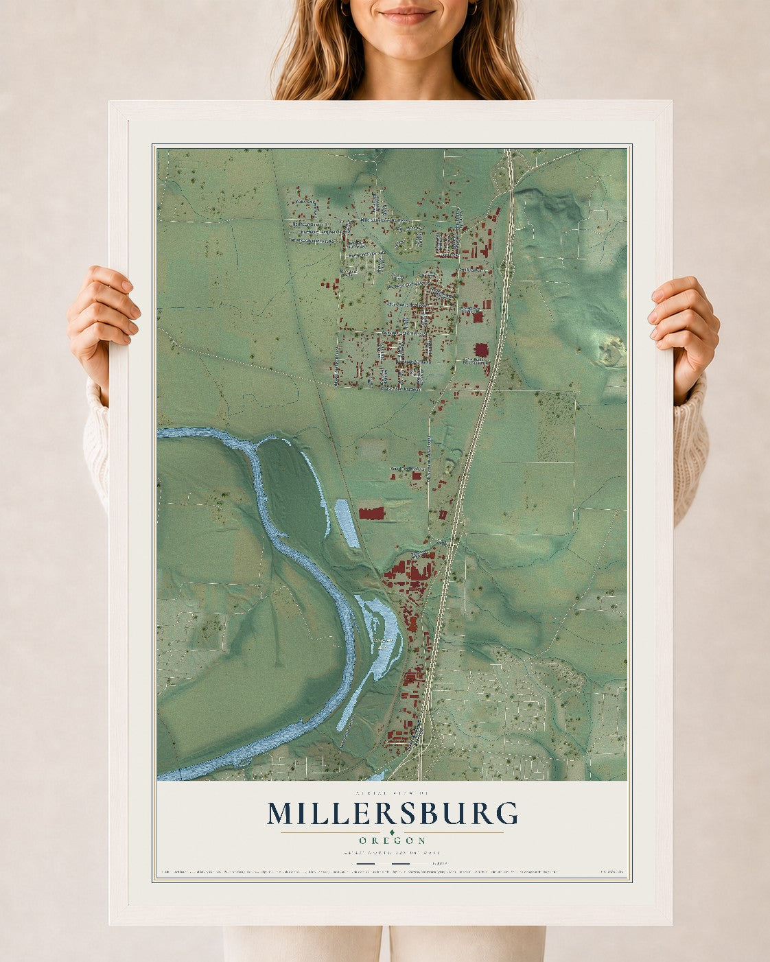 Map of Millersburg, Oregon, 24 x 36 inch print in a white wood frame