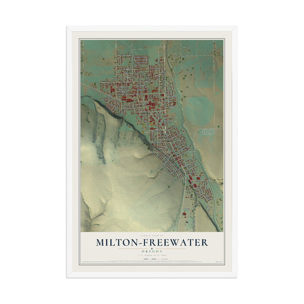 Map of Milton-Freewater, Oregon, 12 x 18 inch print in a white wood frame