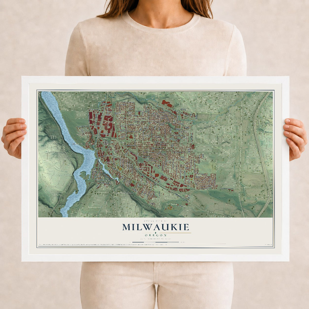 Map of Milwaukie, Oregon, 12 x 18 inch print in a white wood frame