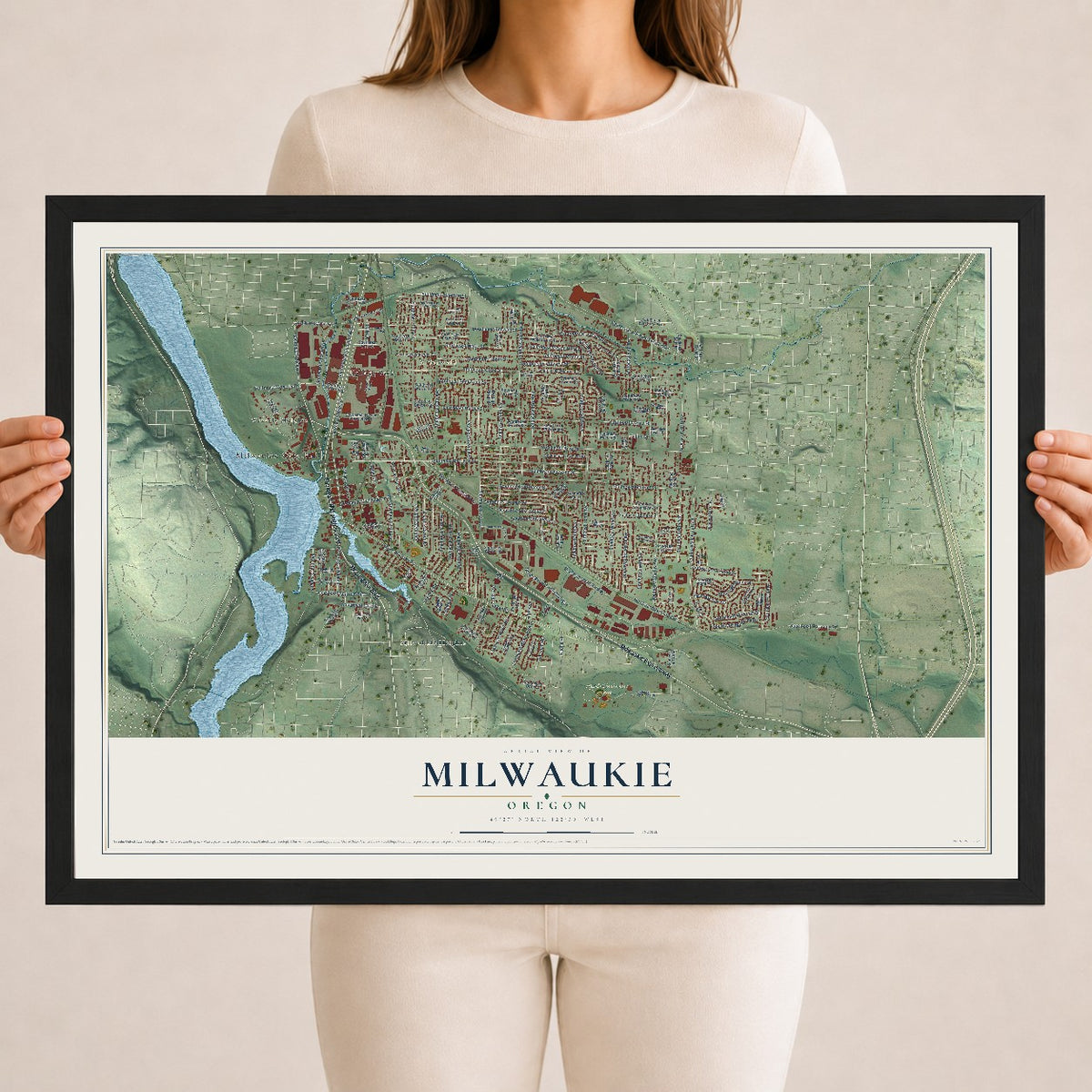 Map of Milwaukie, Oregon, 18 x 24 inch print in a black wood frame