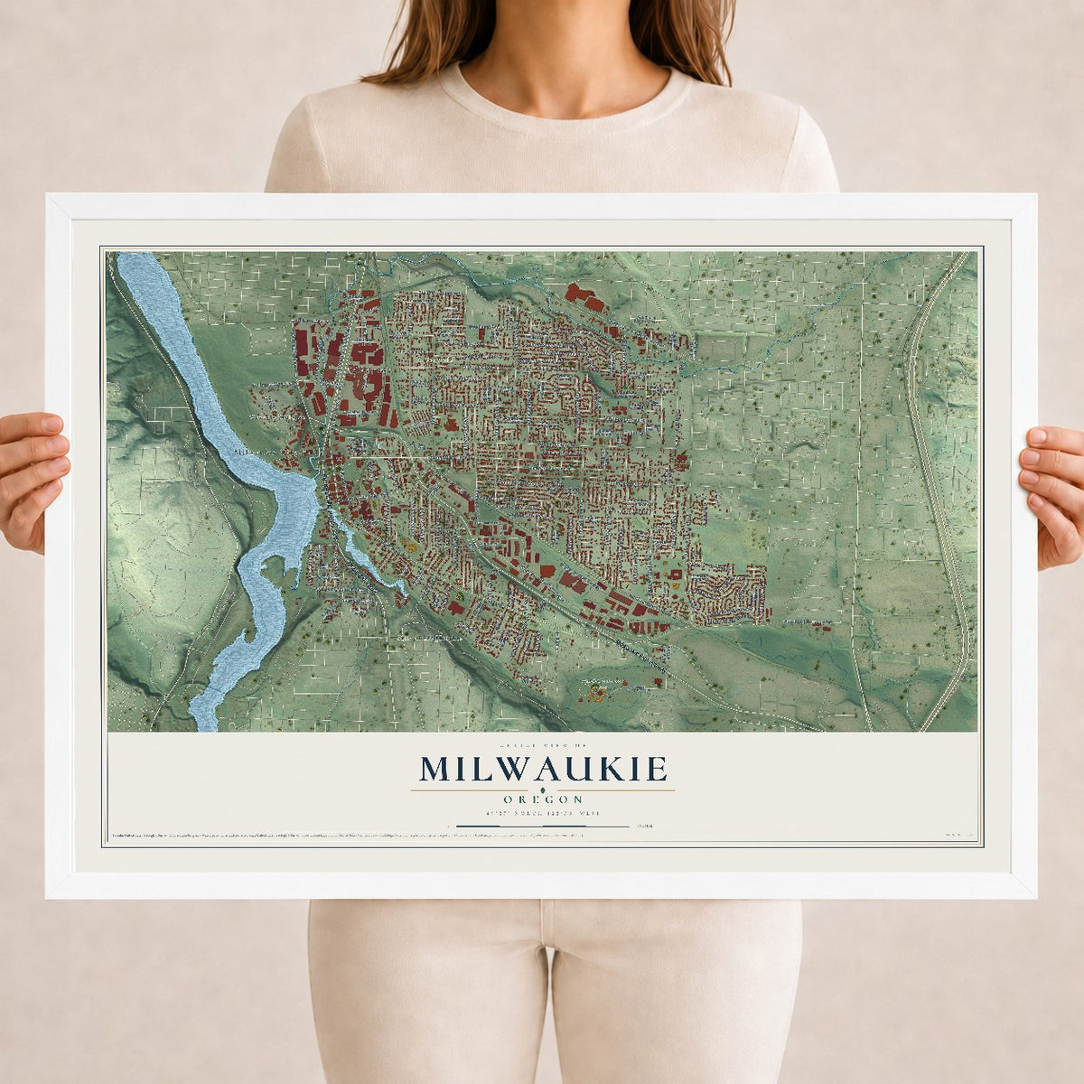 Map of Milwaukie, Oregon, 18 x 24 inch print in a white wood frame