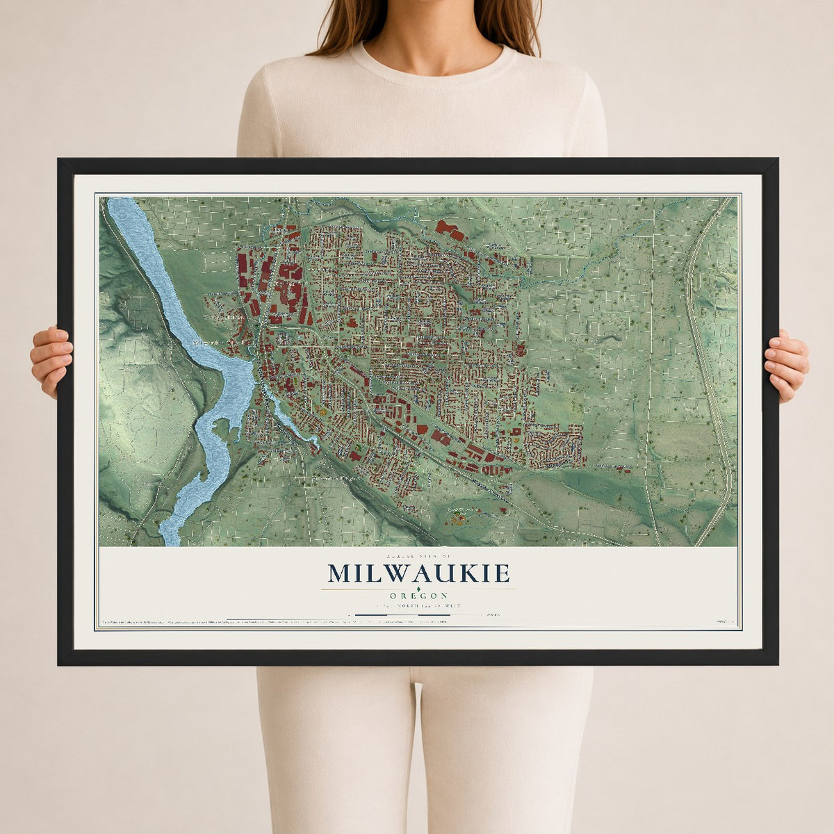 Map of Milwaukie, Oregon, 24 x 36 inch print in a black wood frame