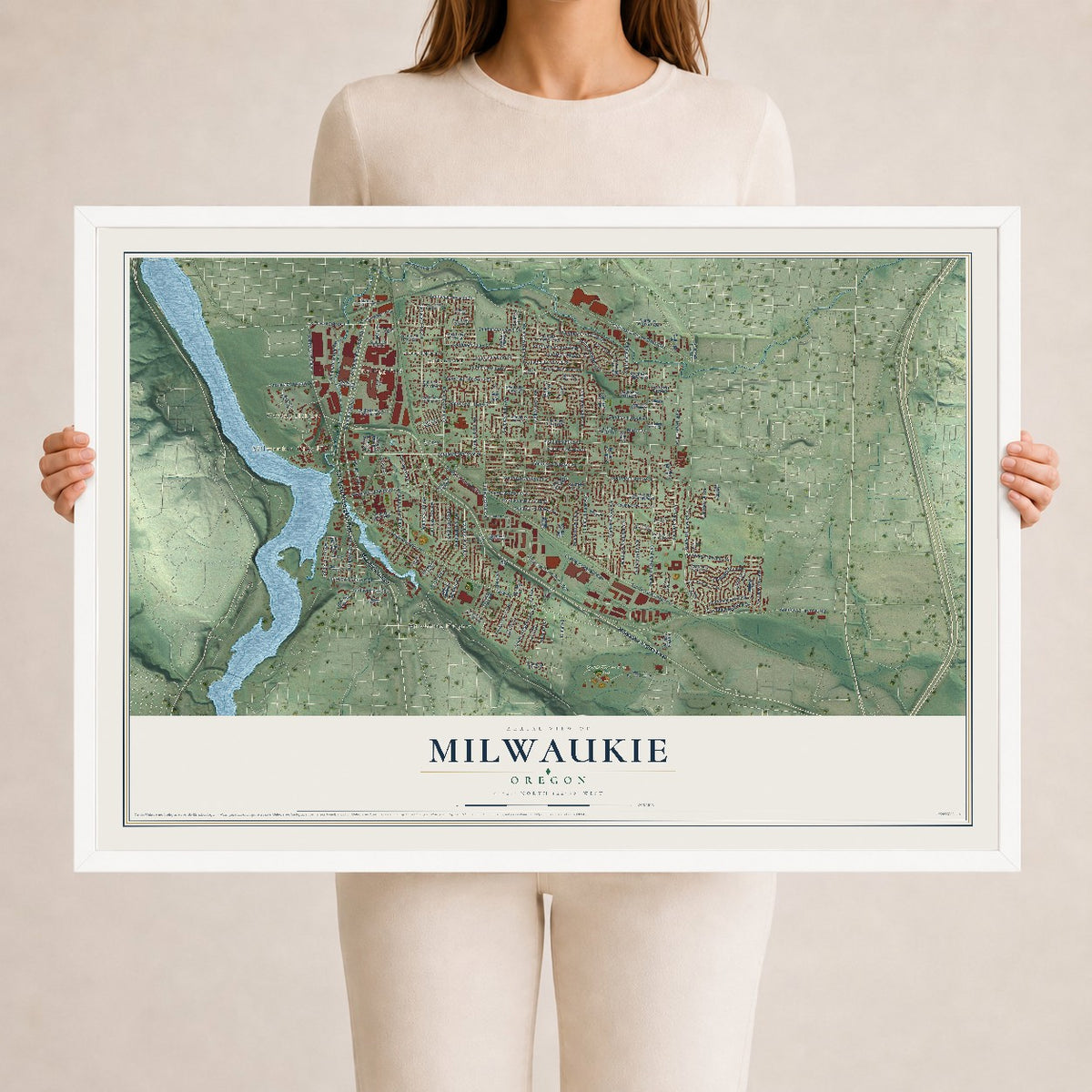 Map of Milwaukie, Oregon, 24 x 36 inch print in a white wood frame