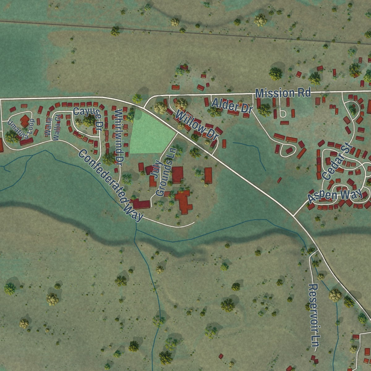 Close-up of the map of Mission, Oregon print showing street and building detail