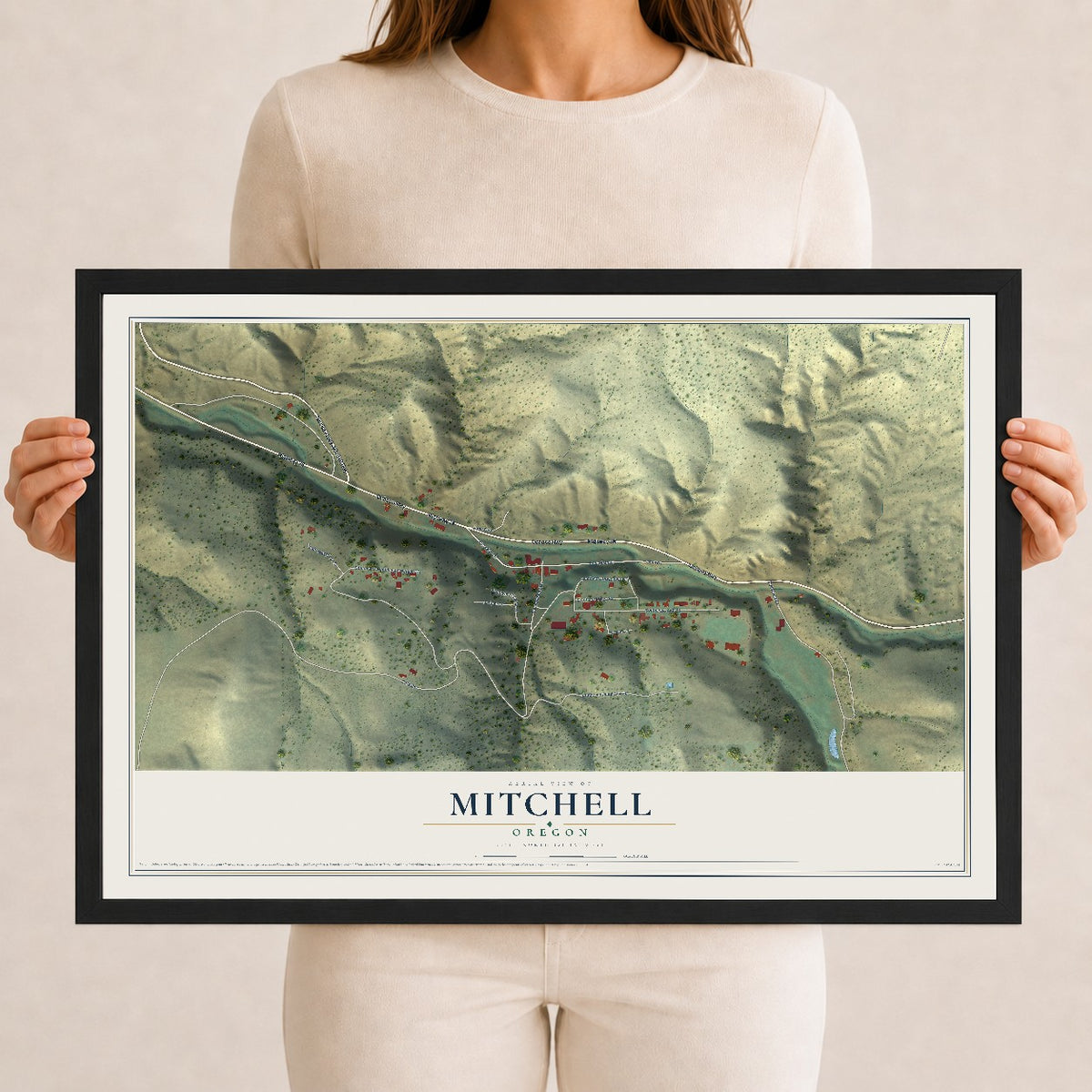 Map of Mitchell, Oregon, 12 x 18 inch print in a black wood frame