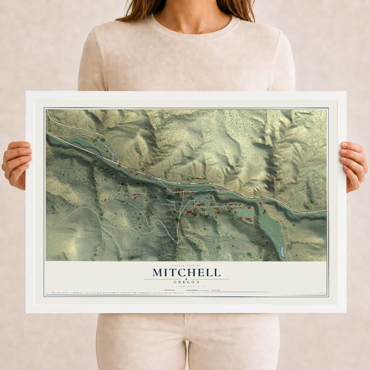 Map of Mitchell, Oregon, 12 x 18 inch print in a white wood frame