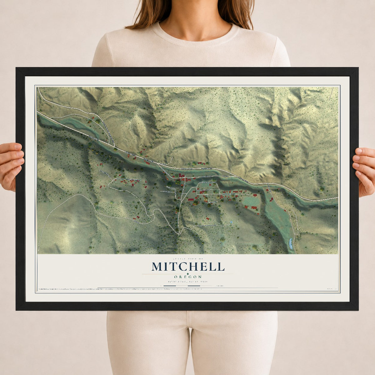 Map of Mitchell, Oregon, 18 x 24 inch print in a black wood frame