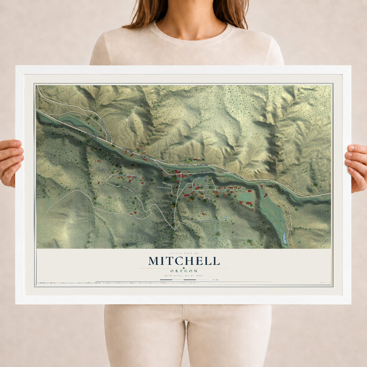 Map of Mitchell, Oregon, 18 x 24 inch print in a white wood frame