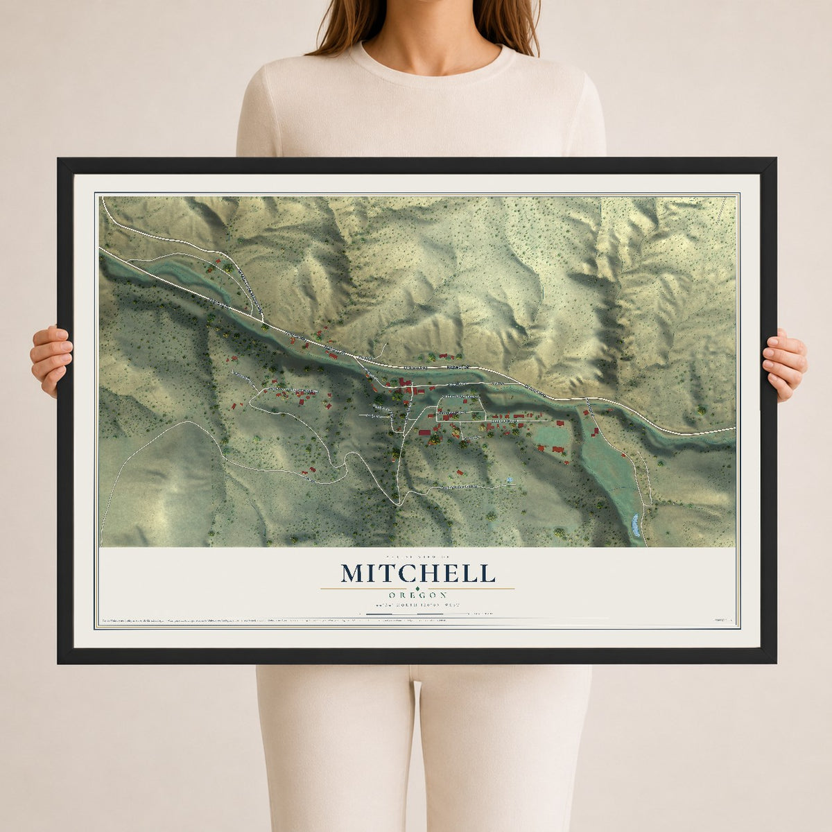 Map of Mitchell, Oregon, 24 x 36 inch print in a black wood frame