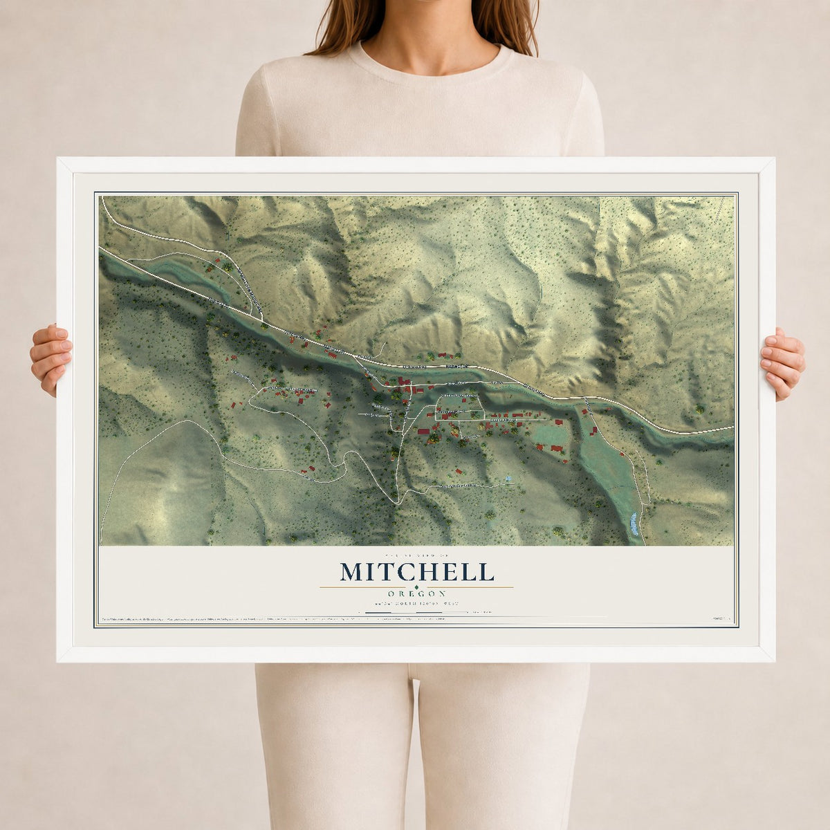 Map of Mitchell, Oregon, 24 x 36 inch print in a white wood frame